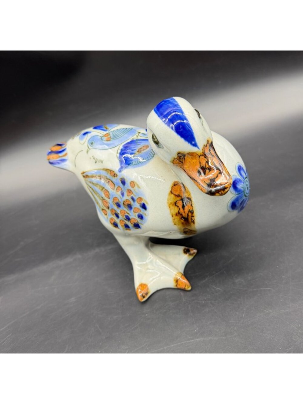 Vintage Duck Figurine El Palomar Tonala Mexico Hand Painted Blue Floral Folk Art